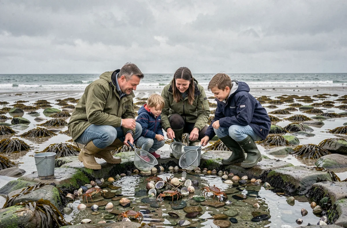 Famille pratiquant la pêche à pied sur la Côte de Nacre en Normandie à marée basse