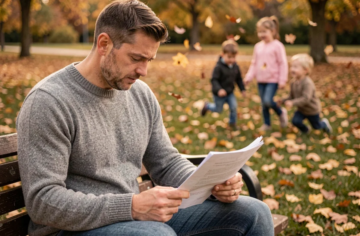 Père divorcé lisant des documents juridiques sur la garde des enfants dans un parc en automne