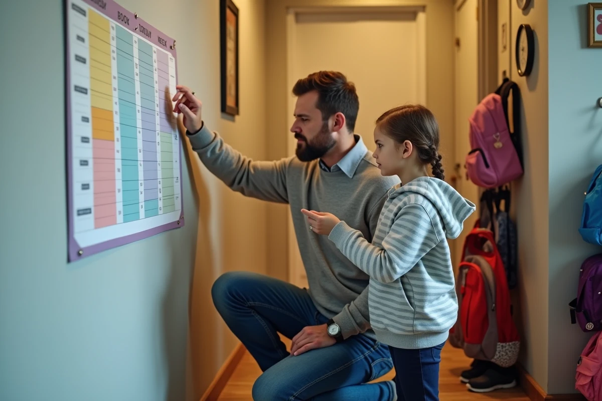 Père et enfant examinant le planning de garde alternée affiché dans le couloir de la maison