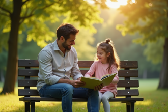 Père lisant une histoire à sa fille dans un parc ensoleille