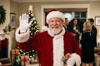 Homme en costume de pere noel souriant lors d'une fête de noel