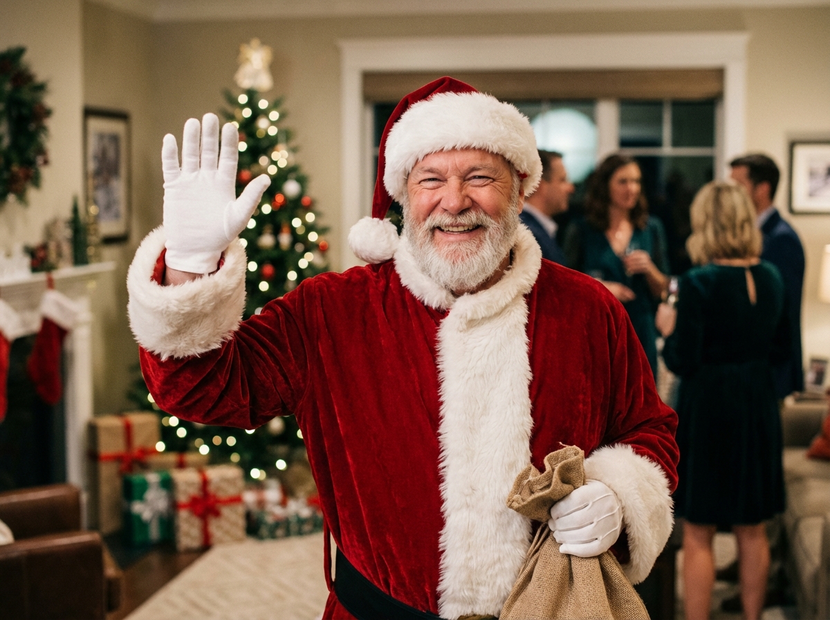 Homme en costume de pere noel souriant lors d'une fête de noel