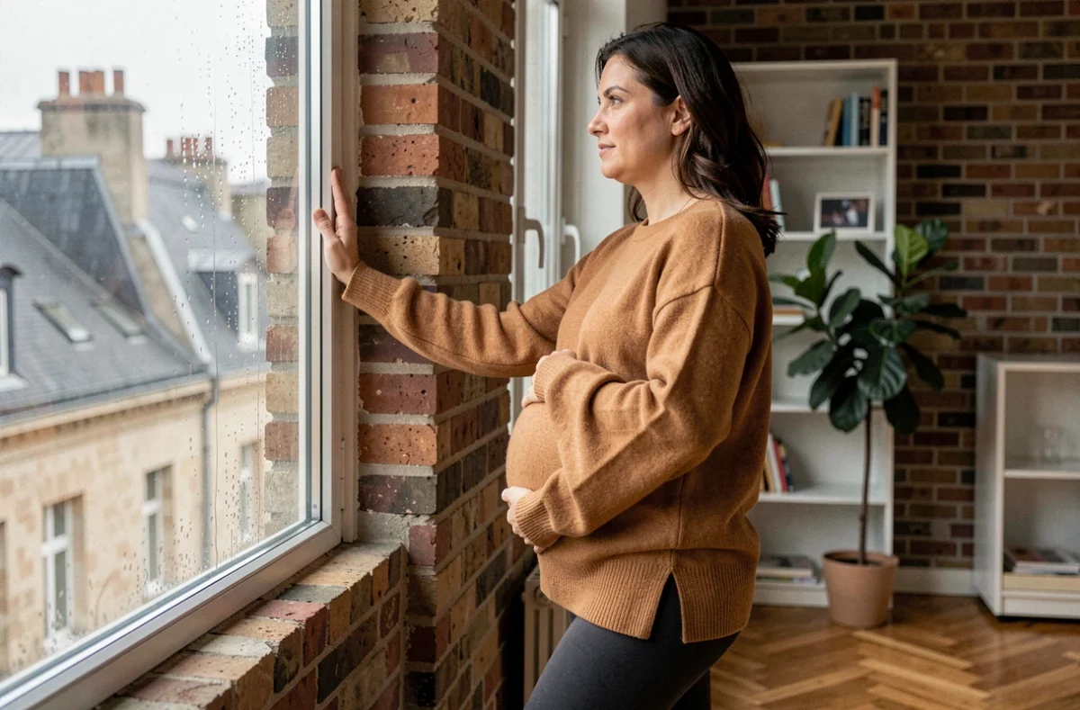 Femme enceinte en pull camel photographiée en intérieur à Nantes avec vue sur les toits