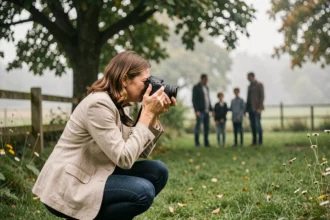 Photographe professionnelle en action lors d'une séance photo en extérieur à Blain, en Loire-Atlantique