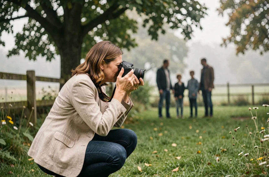 Photographe professionnelle en action lors d'une séance photo en extérieur à Blain, en Loire-Atlantique