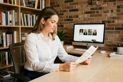 Photographe professionnelle assise à son bureau consultant une grille tarifaire imprimée dans un studio moderne