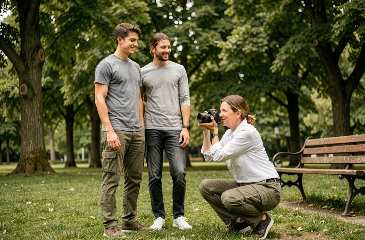 Photographe professionnelle en train de photographier un couple dans un parc verdoyant près de Taverny
