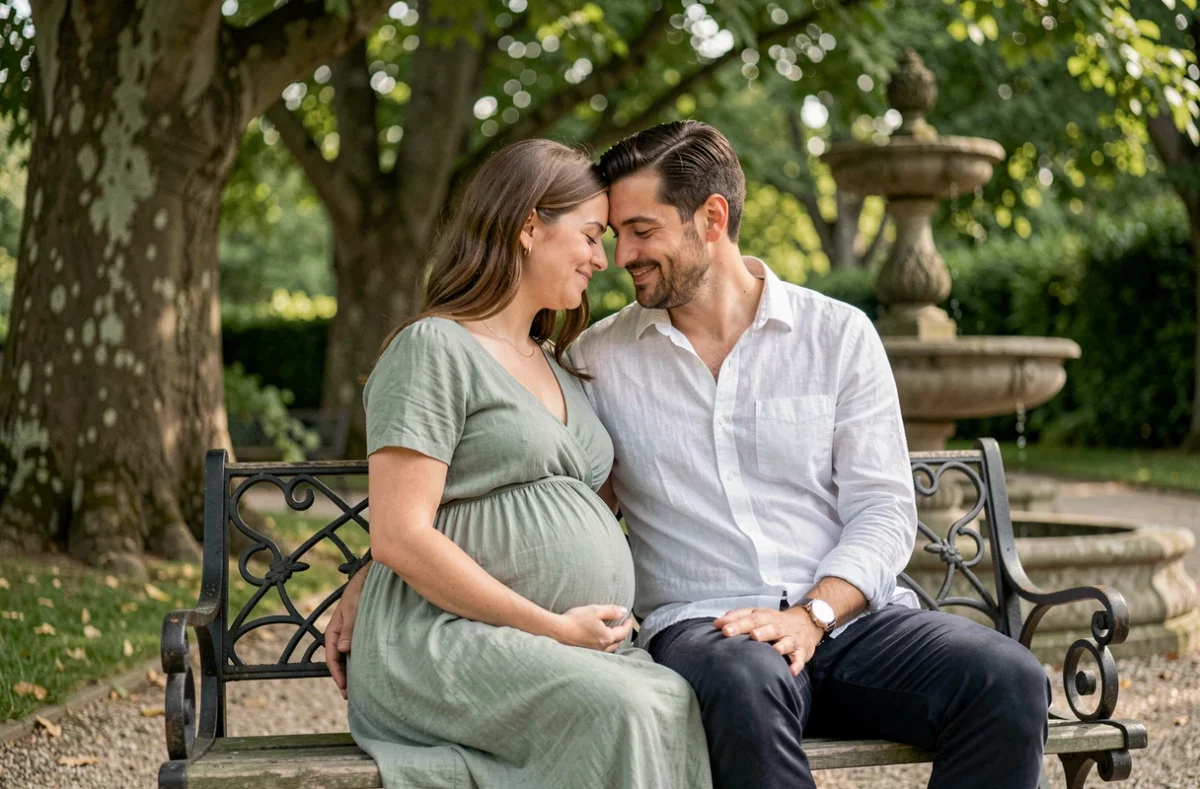 Couple attendant un enfant photographié dans un jardin public de Nantes pour une séance grossesse