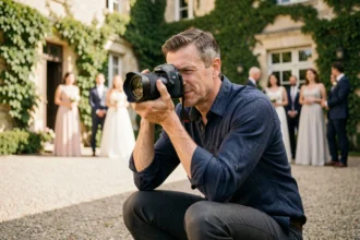 Photographe de mariage professionnel en action lors d'une cérémonie dans un château français