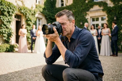 Photographe de mariage professionnel en action lors d'une cérémonie dans un château français