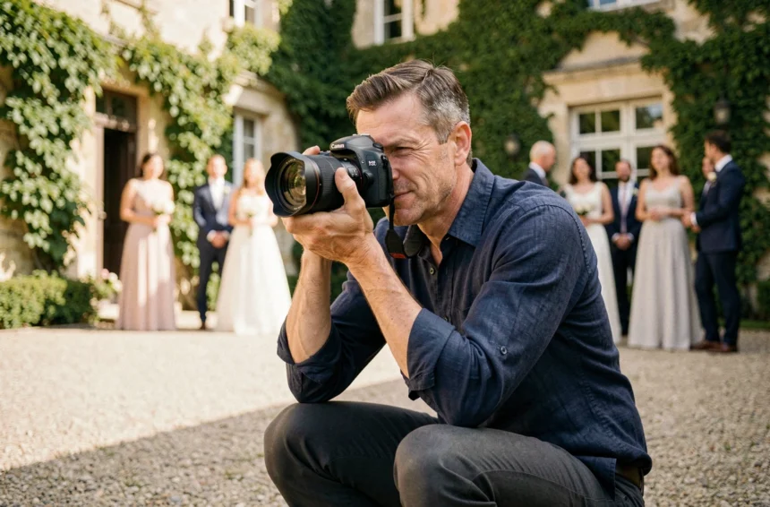 Photographe de mariage professionnel en action lors d'une cérémonie dans un château français