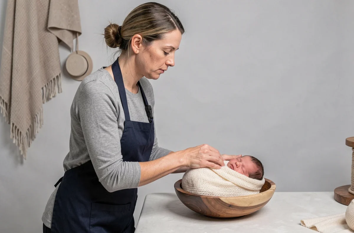 Photographe professionnelle spécialisée en nouveau-né positionnant délicatement un bébé endormi dans un studio photo aménagé