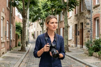 Photographe professionnelle se promenant dans une rue de Taverny pour repérer des lieux de prise de vue