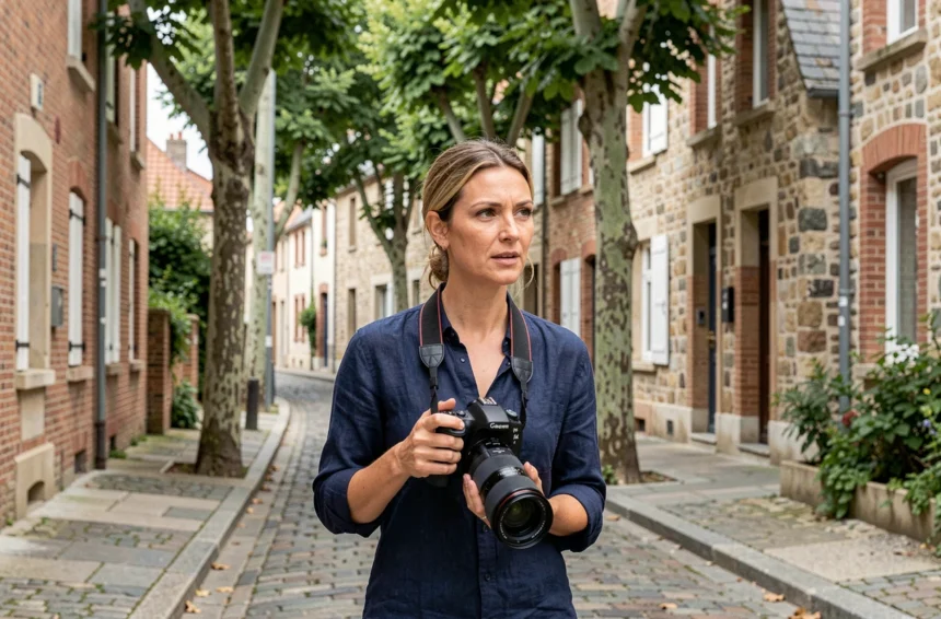 Photographe professionnelle se promenant dans une rue de Taverny pour repérer des lieux de prise de vue