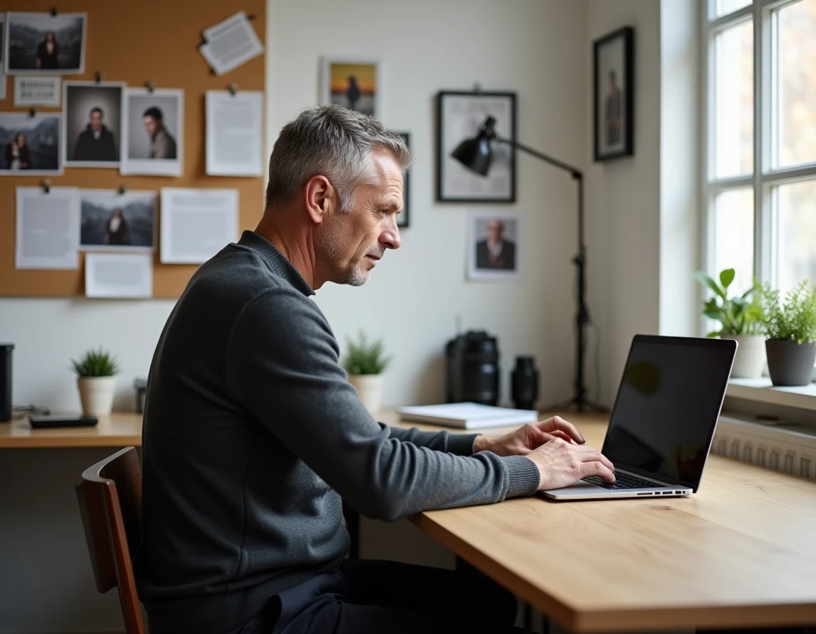 Photographe masculin travaillant dans son studio photo à Taverny, révisant des images sur ordinateur