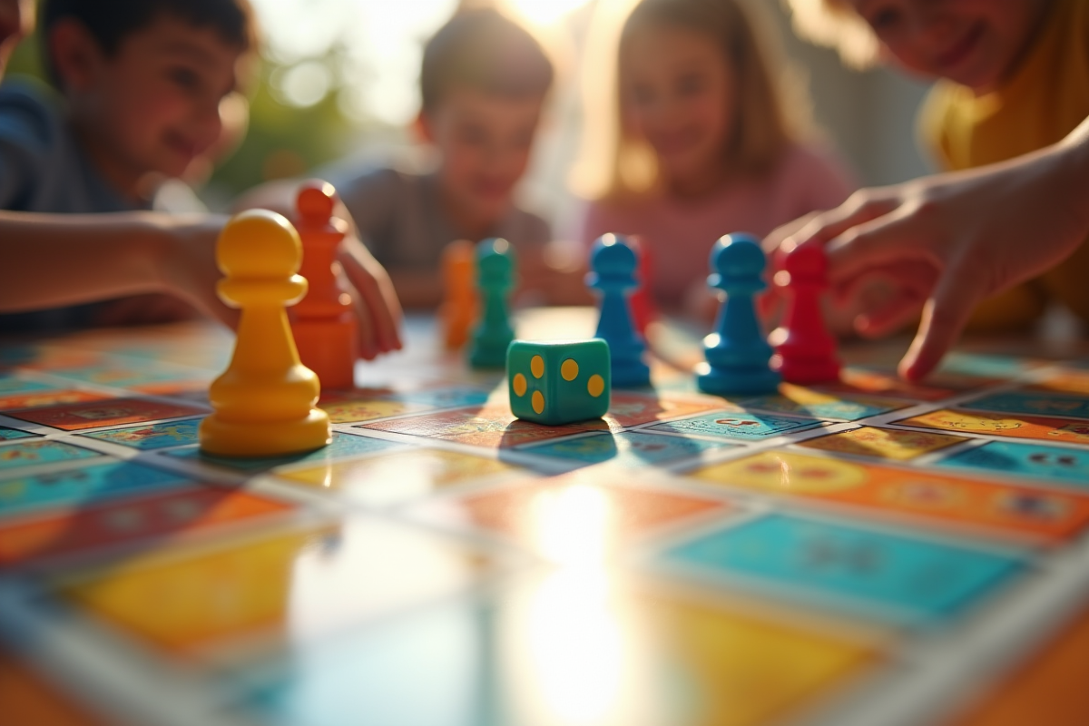 Pièces de jeu colorées et dés sur une table lumineuse