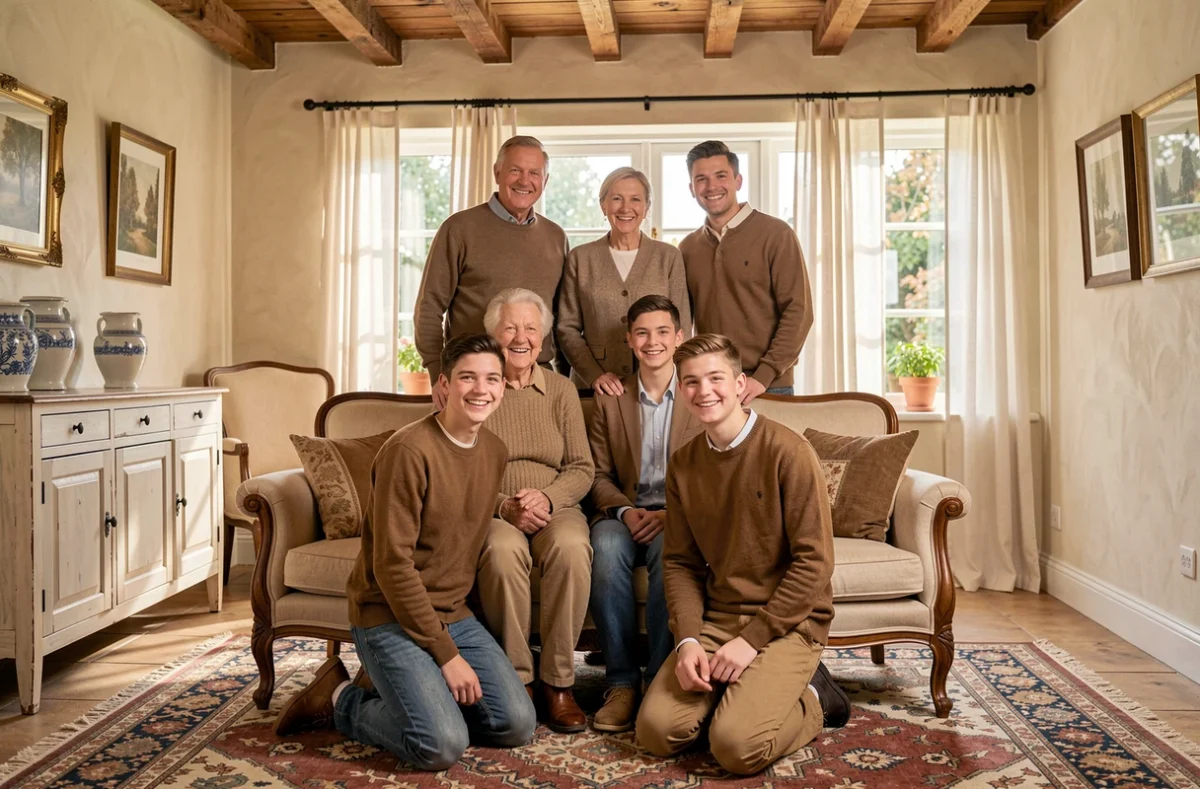 Portrait de famille multigénérationnelle en intérieur lors d'une séance photo professionnelle à Blain