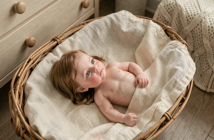 Poupée reborn réaliste posée dans un couffin en osier avec tissu mousseline crème dans une chambre de bébé