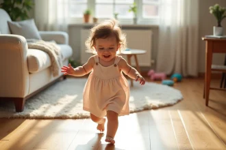 Bebe fille de 10 mois faisant ses premiers pas dans le salon