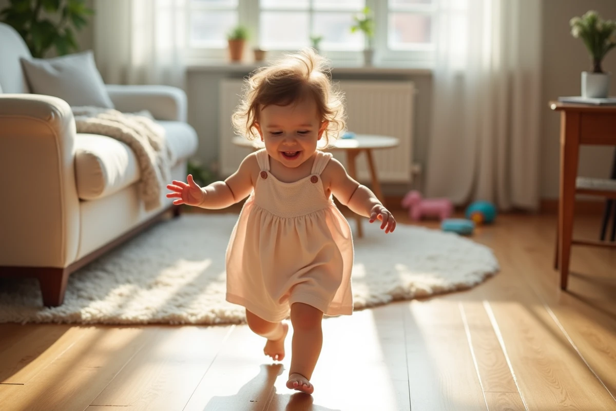 Bebe fille de 10 mois faisant ses premiers pas dans le salon