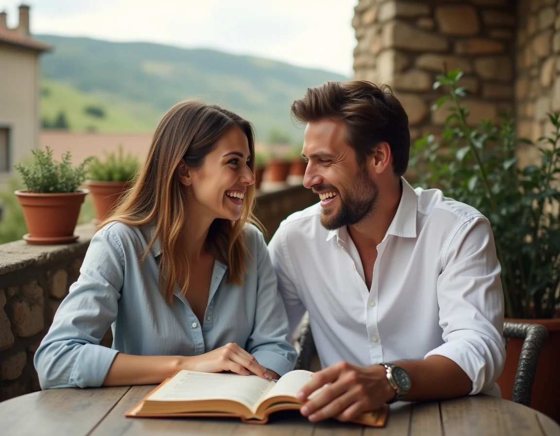 Couple parcourant un livre de prénoms italiens à la terrasse d'un café toscan