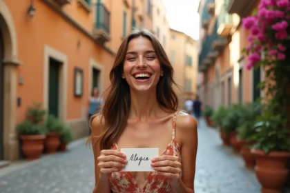 Jeune femme italienne souriante tenant une carte avec un prénom italien sur une piazza ensoleillée de Rome