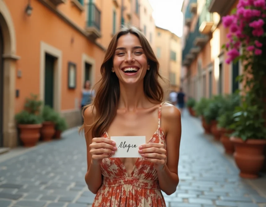 Jeune femme italienne souriante tenant une carte avec un prénom italien sur une piazza ensoleillée de Rome