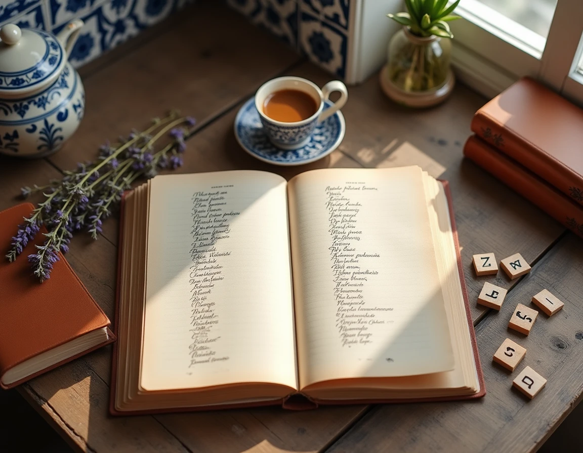 Flat lay d'un registre de prénoms italiens vintage avec céramiques et espresso sur table en bois rustique