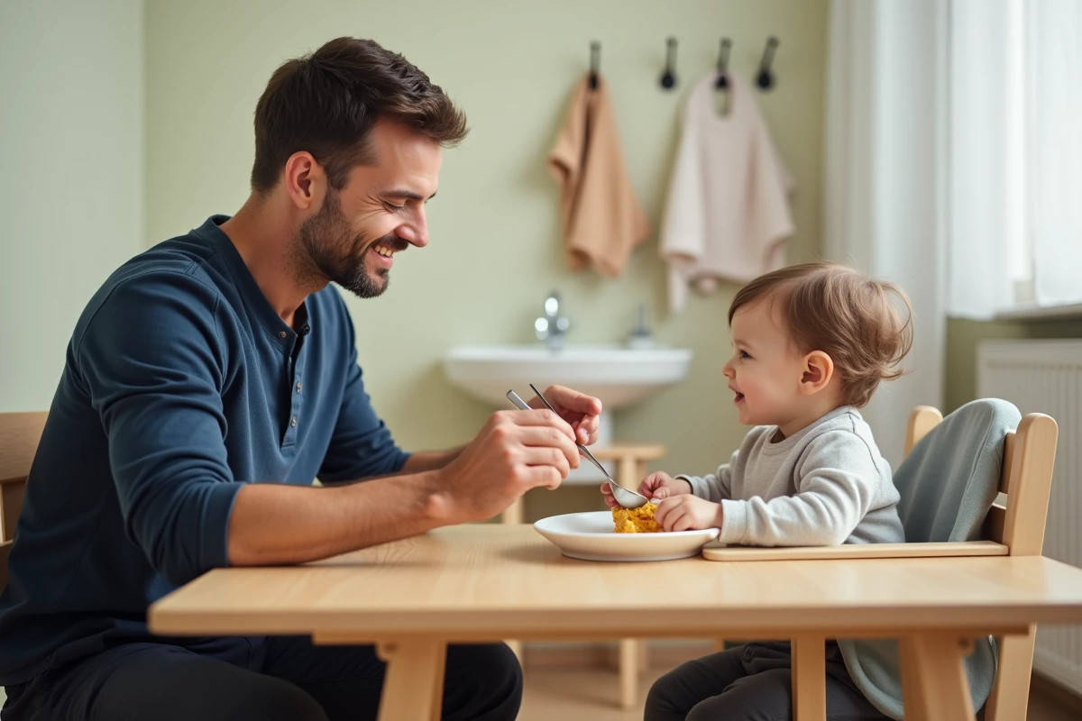 Professionnel de la petite enfance accompagnant le repas d'un enfant en bas âge dans une halte-garderie