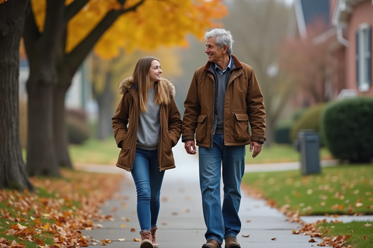 Fille et père marchent côte à côte dans la rue d
