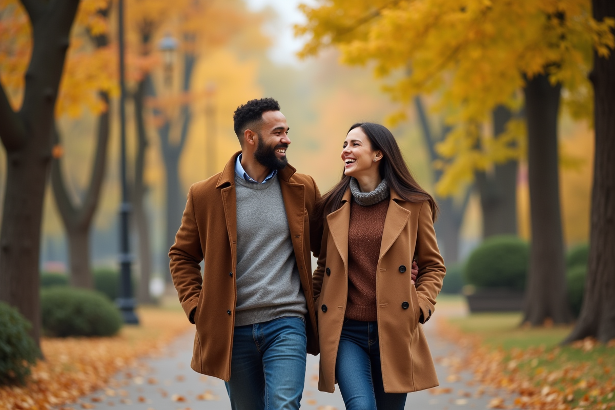 Couple marchant dans un parc automnal en riant
