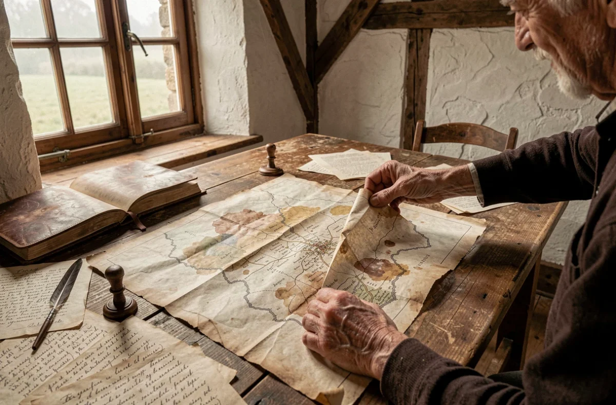 Mains d'un chercheur dépliant une ancienne carte régionale française entourée de notes généalogiques manuscrites sur une table de ferme normande