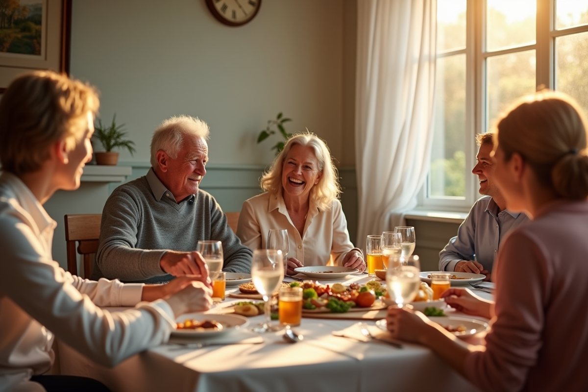 Famille réunie autour d un repas pour 45 ans de mariage