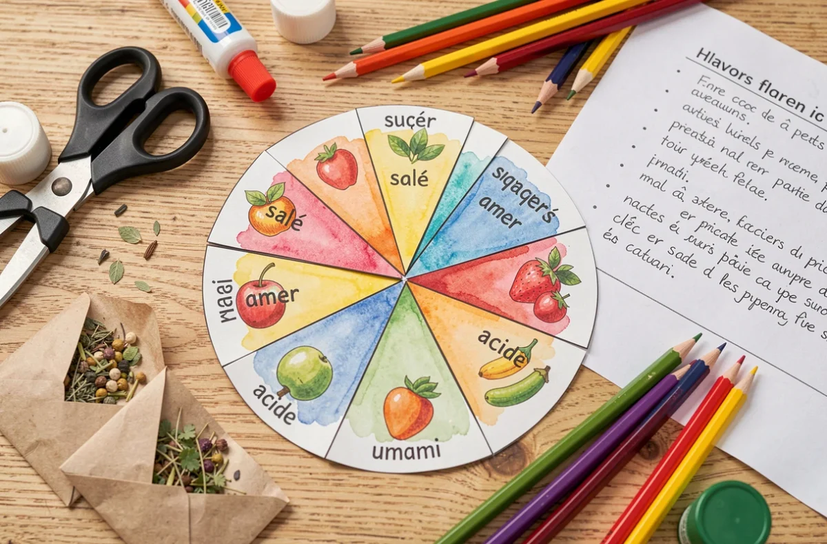 Vue aérienne d'une roue des saveurs artisanale réalisée par un enfant avec des catégories de goûts en français, entourée de matériaux créatifs sur un bureau en bois pour un atelier Semaine du goût