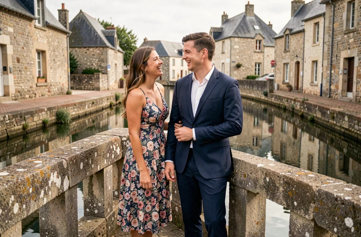 Séance photo de couple sur un pont en pierre à Blain pour des portraits de fiançailles authentiques