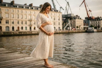 Femme enceinte en robe ivoire devant les bords de Loire à Nantes lors d'une séance photo grossesse