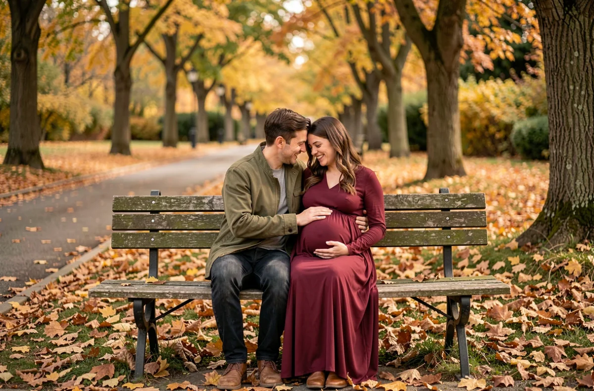 Couple attendant un bébé photographié en extérieur en automne, séance photo grossesse naturelle et spontanée dans un parc