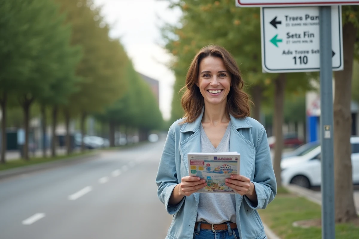 Femme consultant un guide touristique près d'un panneau de signalisation indiquant la direction du Parc des Schtroumpfs