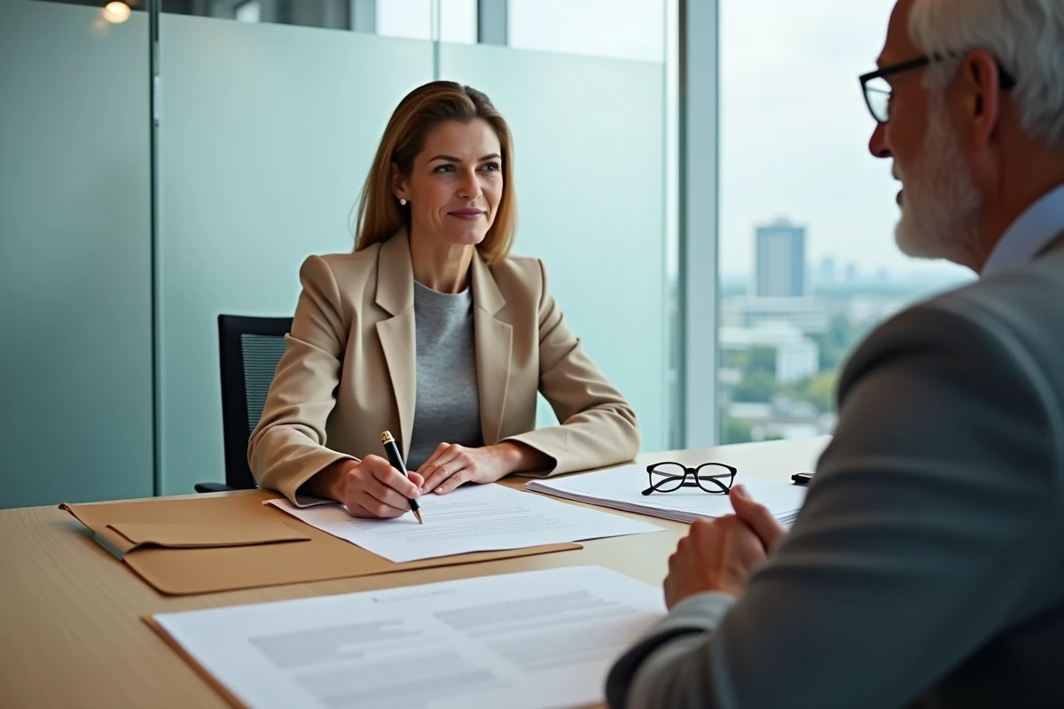 Femme signant une procuration notariale pour une succession en présence d'un mandataire dans un bureau juridique
