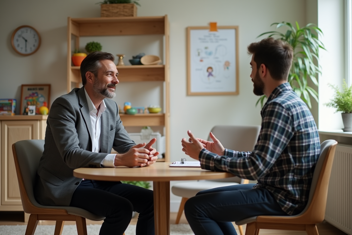 Travailleur social discutant avec un père dans un centre communautaire