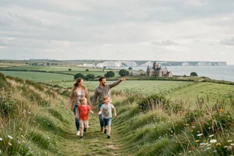 Famille explorant un chemin côtier en Normandie avec vue sur l'abbaye au loin