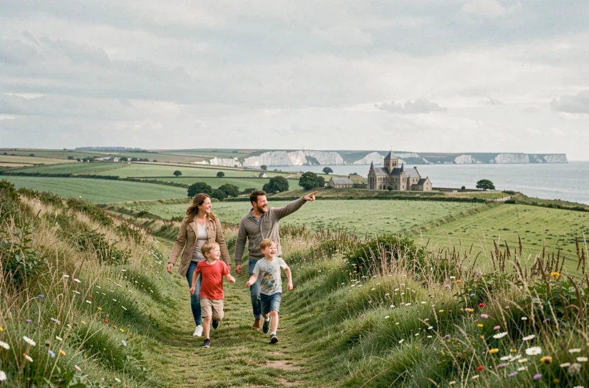 Famille explorant un chemin côtier en Normandie avec vue sur l'abbaye au loin