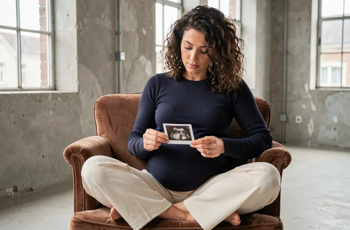 Séance photo grossesse en studio à Nantes avec femme enceinte tenant une échographie