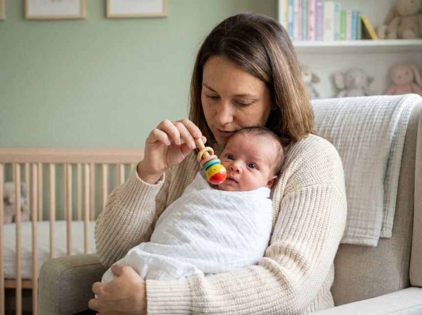 Mère tenant son nourrisson et stimulant son suivi visuel avec un hochet coloré dans une chambre de bébé moderne