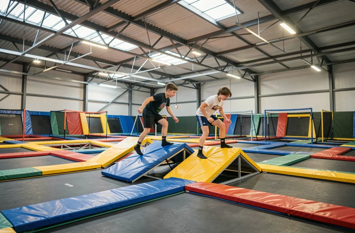 Adolescents sautant dans les trampolines et zones de saut de Total Jump Lauterbourg, parc de trampoline en Alsace