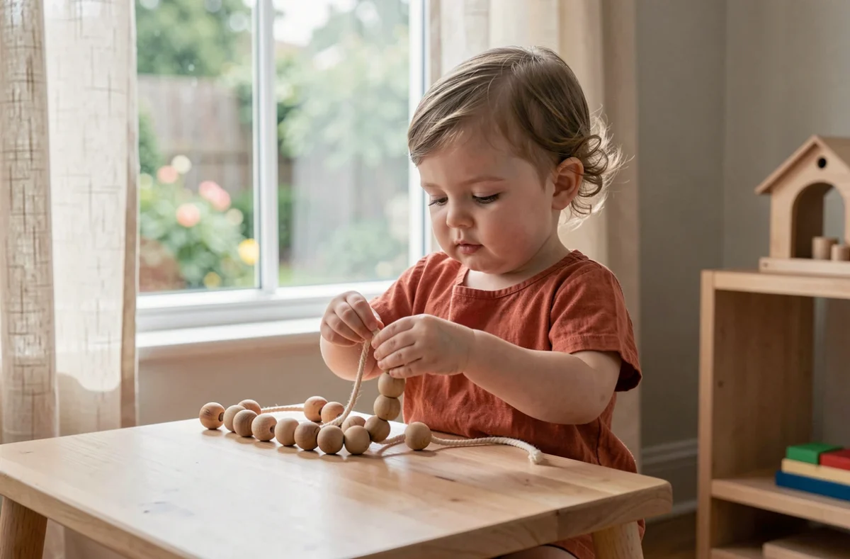 Tout-petit de 13 mois enfilant des perles en bois Montessori à une petite table en bois dans un coin lumineux de la maison