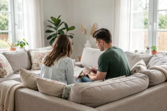 Un couple discute de son projet d'enfant sur un canapé