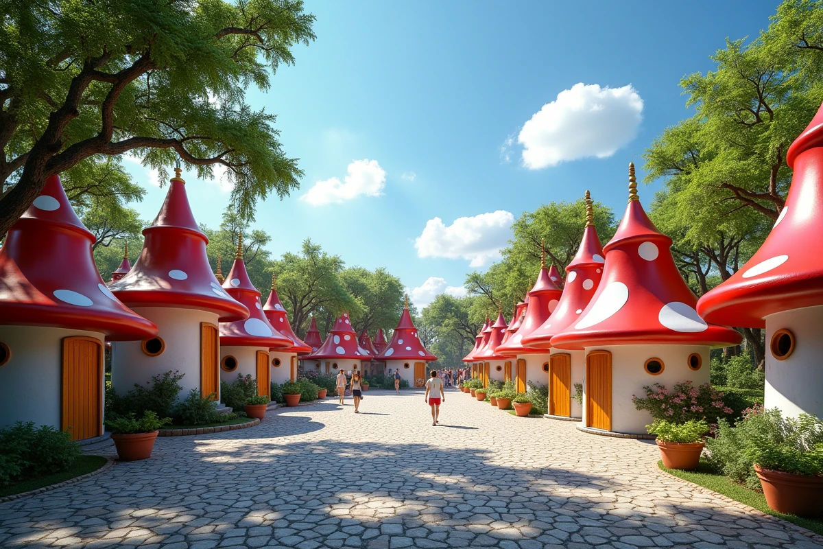 Vue panoramique du village des Schtroumpfs dans le parc d'attractions avec maisons en forme de champignons et visiteurs se promenant