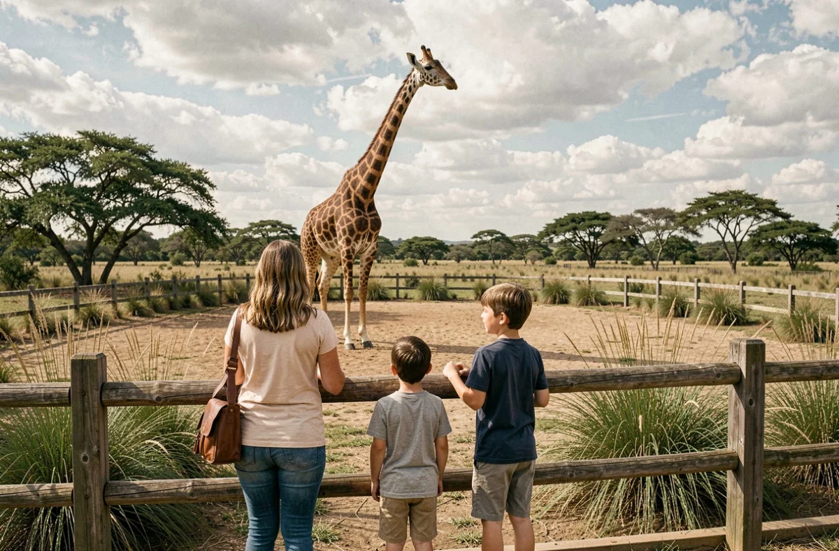Famille observant une girafe dans l'enclos du Zoo de Cerza en Normandie